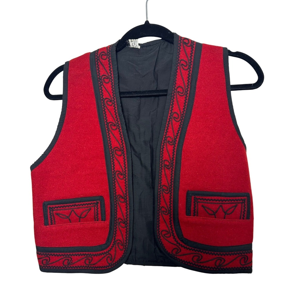 Vintage‎ Handwoven Guatemala Wool Vest Red Black Soutache Embroidery Appliqué M
